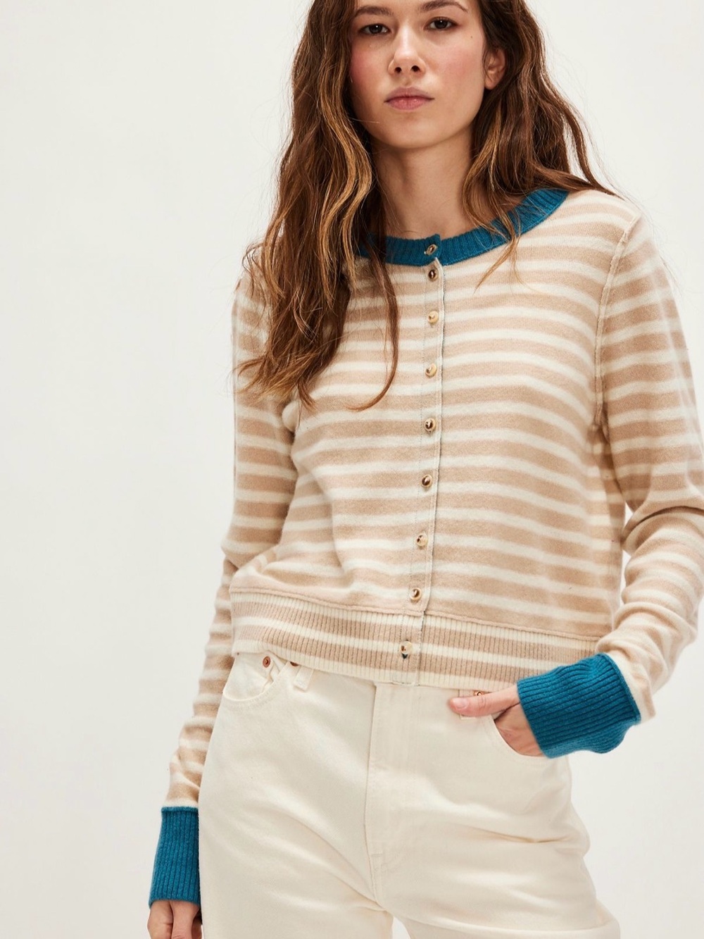 Free People Striped Beige and Cream Button-Front Sweater with Teal Trim